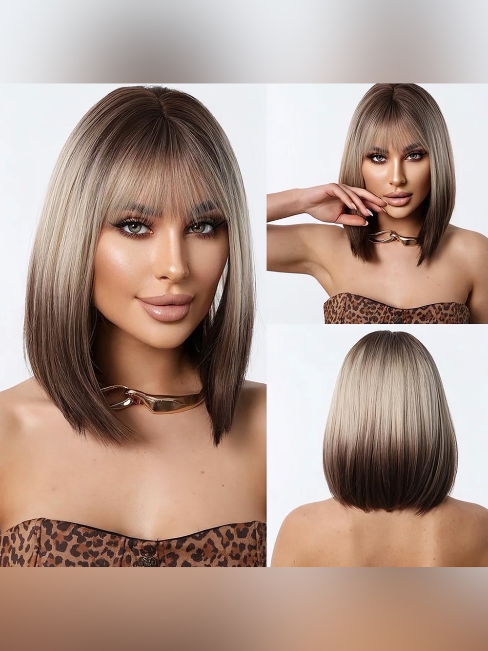 Ash Blonde to Brown Ombre Straight Bob Wig with Bangs